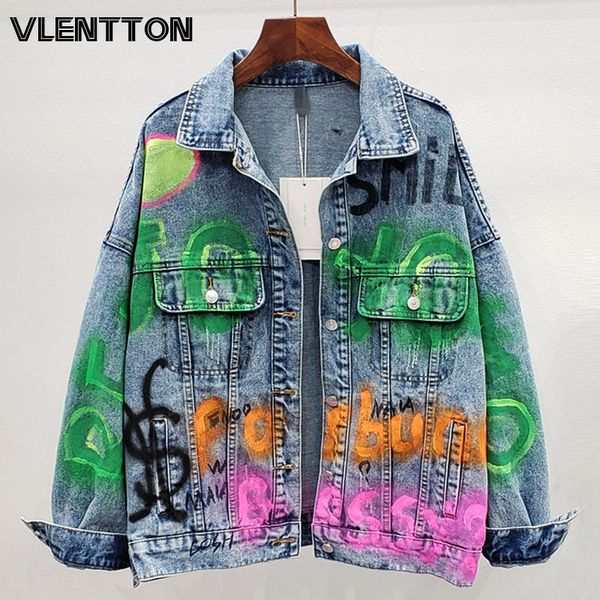 

women's jackets 2021 spring autumn fashion letter graffiti jeans women oversize bf denim coat female casual loose cowboy outwear, Black;brown
