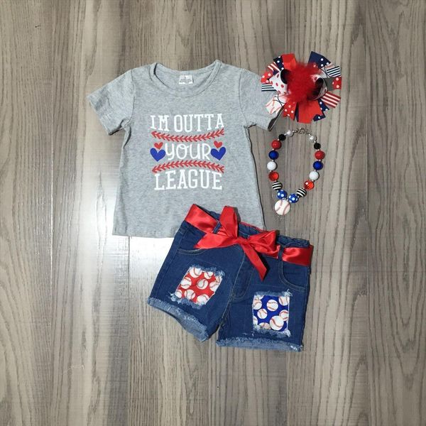 

summer baby girls grey shirt denim shorts baseball jeans outfit with bow and necklace, White