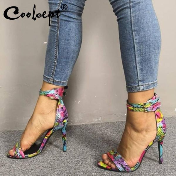 

sandals coolcept plus size 35-47 women high heel colorful snake print thin heels summer shoes buckle party footwear, Black