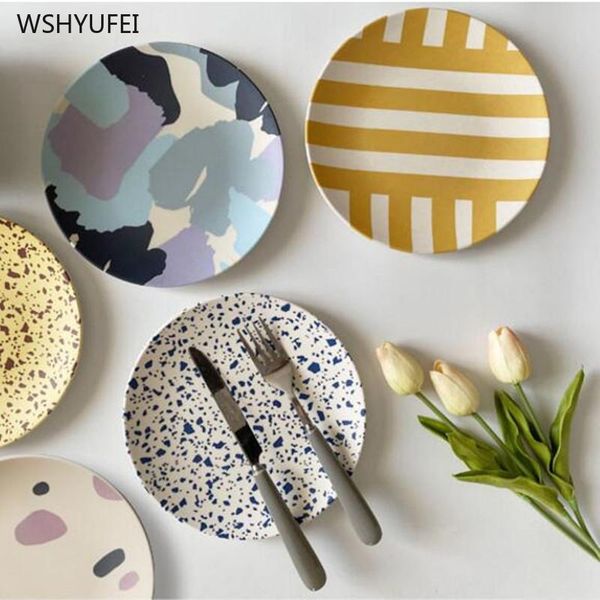 

dishes & plates 1pcs nordic picnic plate hand-painted bamboo fiber dinner environmental children tableware kitchen supplies