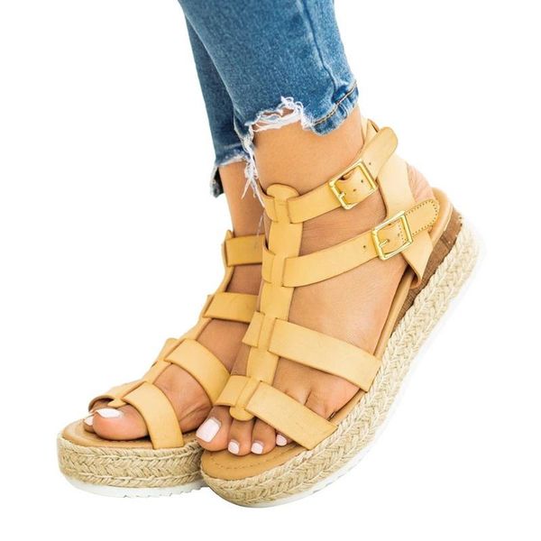 

summer women wedges sandals beach open toe espadrille platform ladies shoes gladiator buckle strap hollow out, Black