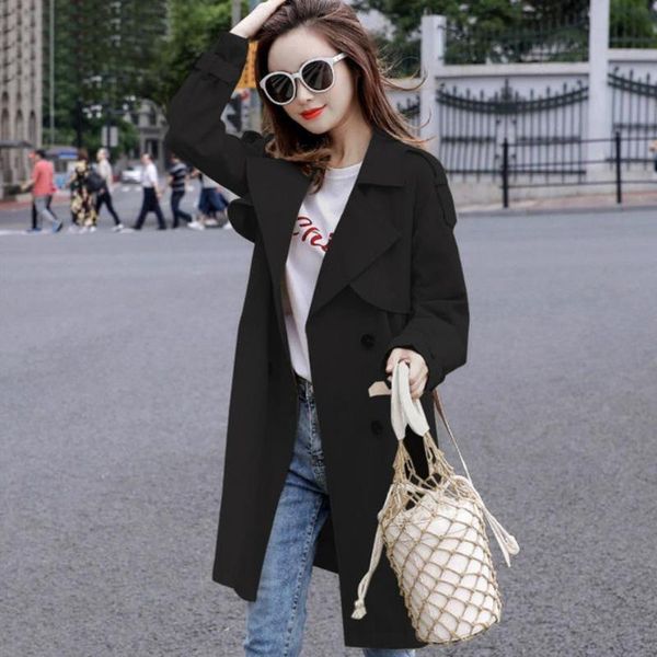 

women's trench coats spring casual women coat 2021 with sashes oversize double breasted vintage cloak overcoats, Tan;black