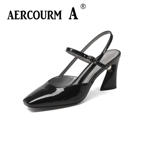 

aercourm a women black white genuine leather sandals square high heel lady buckle strap summer shoes girls dress