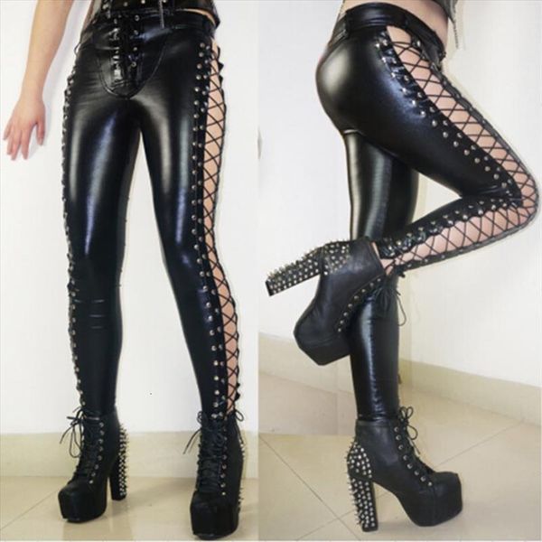 

rock steampunk leather pants womens leggings lace up on the side hollow out rencil long punk girl club fetish, Black