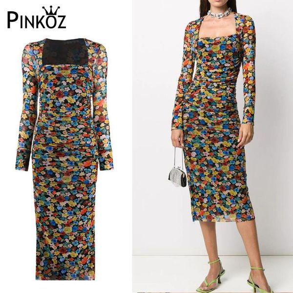 

slim bodycon midi flower printed mesh square collar elastic dress for women party dinner boho robe dresses femme vestidos 210421, Black;gray