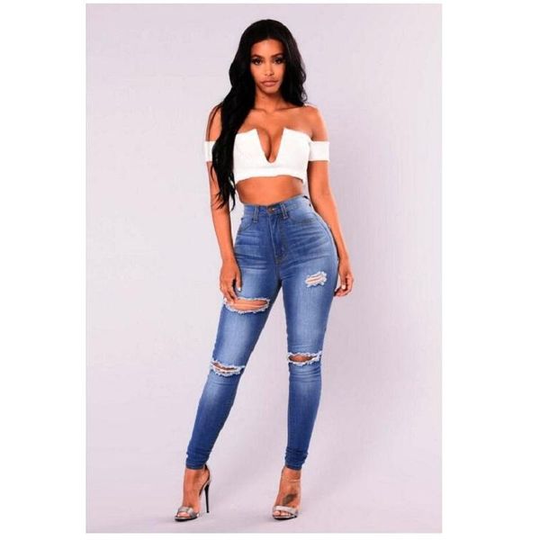 

shredded denim jeans woman fashion tight stretch women pencil pants 2021 autumn streetwear women's, Blue
