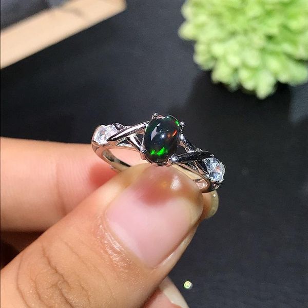 

cluster rings coming 100% natural and real black opal ring 925 sterling silver fine jewelry, Golden;silver