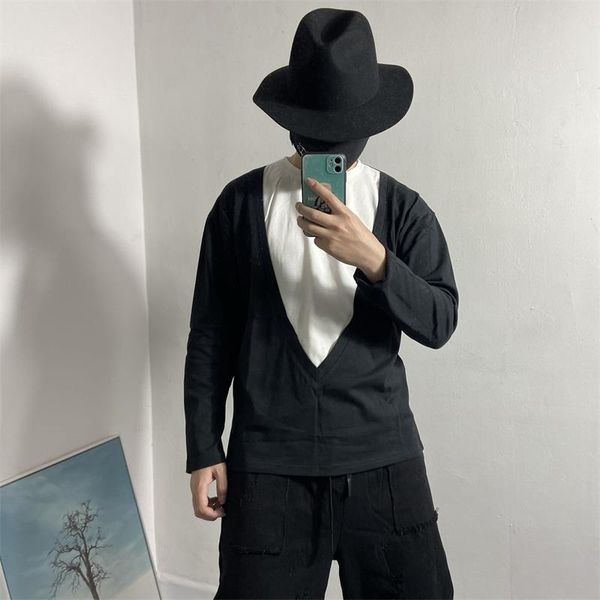 

men's t-shirts long-sleeve t-shirt spring and autumn two-color stitching design european american style youth fashion, White;black