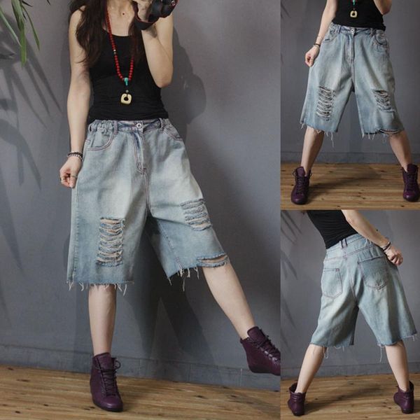 

women's jeans women large size loose denim shorts casual oversize distressed vintage ripped holes cropped, Blue