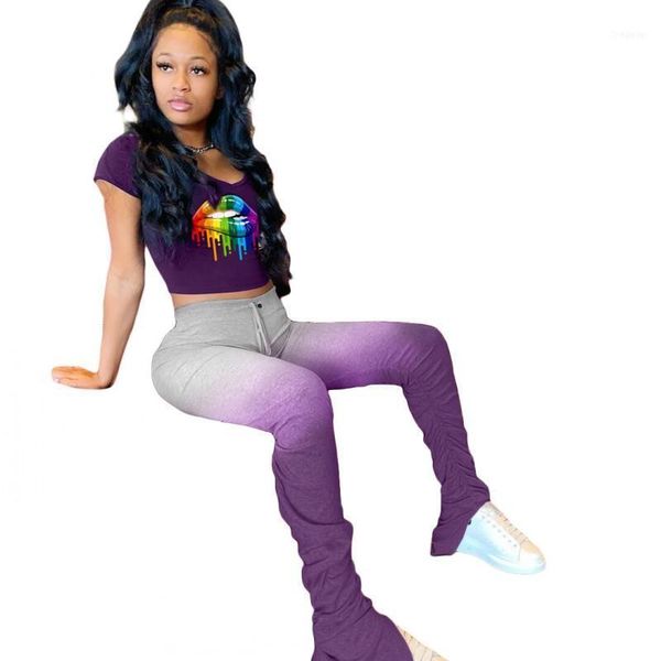 

summer women street style gradient lip print two piece set ruffle micro-flare trousers o-neck short sleeve crop outfit1, White