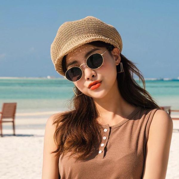 

wide brim hats octagonal beret women sun hat painter outdoor travel beach light breathable summer visor femme retro fashion, Blue;gray