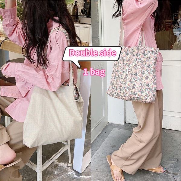 

evening bags plaid floral double side shopping bag for women retro cotton girl shoulder large capacity ladies beach casual tote handbags