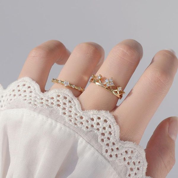 

cluster rings delicate jewelry 14k gold plated adjustable crystal heart for women luxury cubic zircon crown, Golden;silver