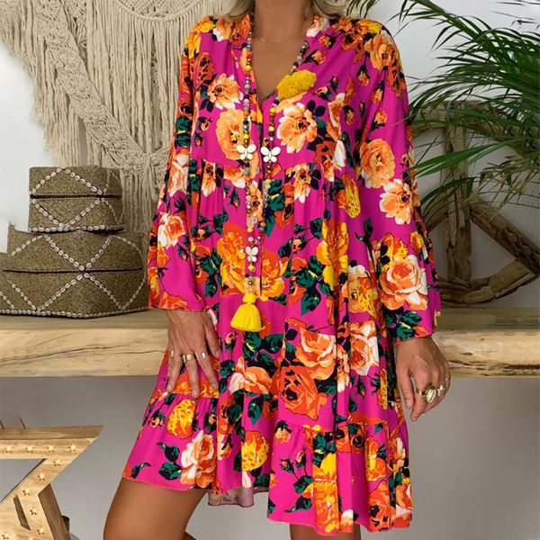

casual dresses bohemia 5xl oversized summer dress plus size ladies long sleeve v-collar mini female loose ruffle party, Black;gray