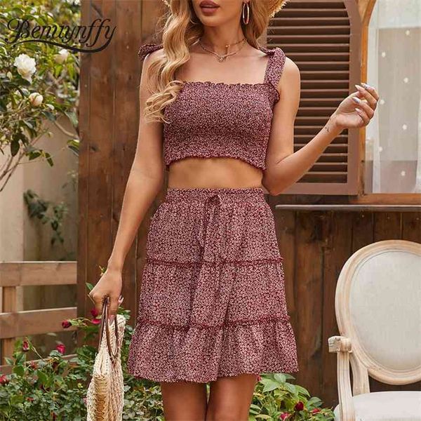 

boho casual floral print two piece set women bow strap frill trim crop with skirts s summer holiday 210510, White