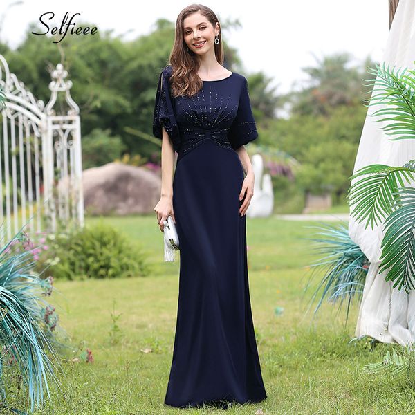 

elegant navy blue women dress mermaid o-neck beaded half sleeve long evening formal party dress robe de soiree femme 2021, Black;gray