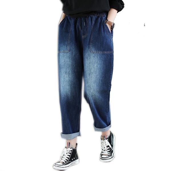 

women bleached denim pants jeans retro vintage ankle length boyfriend loose big female elastic waist b01161329 women's, Blue