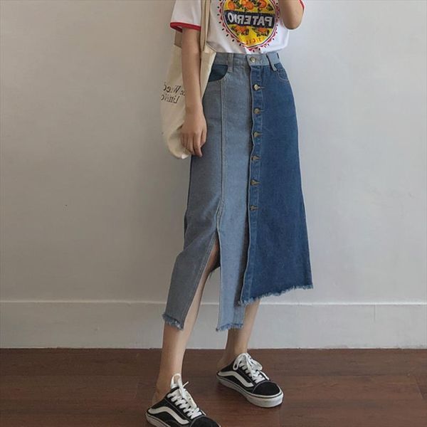 

[ewq] spring stitching women skirts contrast color trend denim korean large size single breasted design bottom clothing, Black