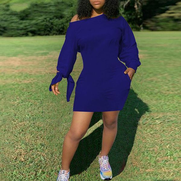 

casual dresses autumn women tied long sleeve bodycon dress mini fashion solid color slanting sleeves knotted, Black;gray