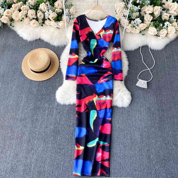 

autumn and winter irregular design sense tie-dye printed women's dress mid-length female 210514, Black;gray