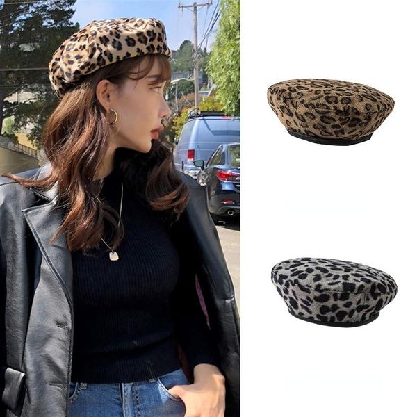 

beanie/skull caps women's vintage hat cute beret cap wool leopard beanie ladies winter warm 2021 fashion korean style artist painter, Blue;gray