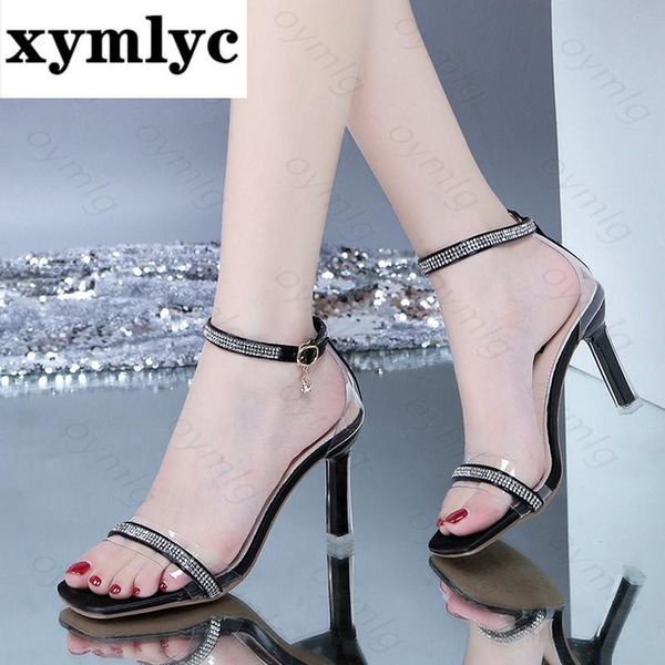 

women's sandals summer high heeled shoes fashion thin transparent belt button cat heel buckle dress, Black