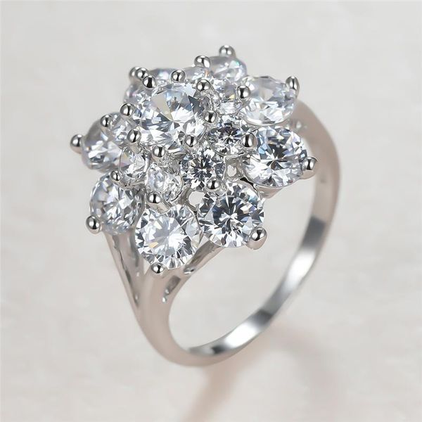 

cute female white round crystal ring charm silver color big wedding rings for women dainty flower zircon engagement, Slivery;golden