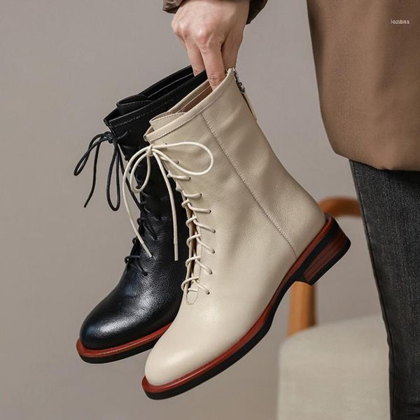 

boots zapatos de mujer 2021 winter shoes women's ankle genuine leather cross-tied round toe zipper keep warm boots11, Black