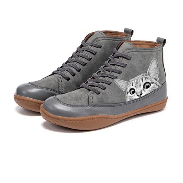 

boots 2021 color print cartoon cat lace-up casual flat shoes comfortable single retro large size nude warm lad, Black