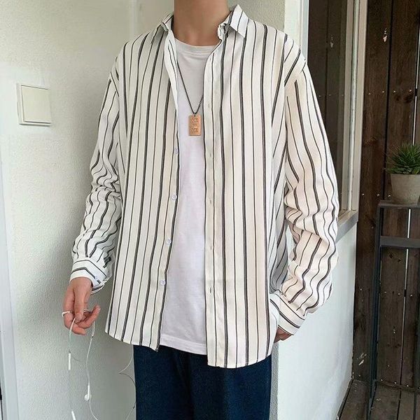 

men's casual shirts brand tyle long-sleeved stripe white shirt men stand collar for fashion comfortable 2021 s-3xl, White;black
