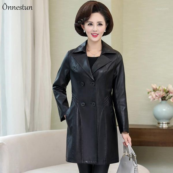 

long women's leather jacket casual turn down collar black pu jackets & faux