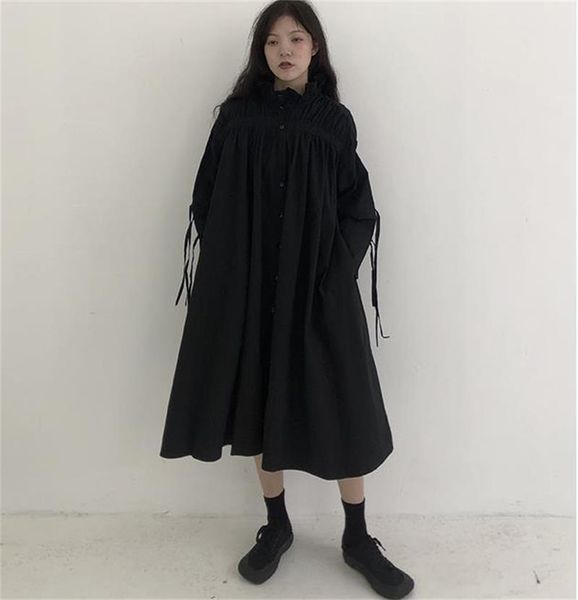 

casual dresses large autumn dress 2021 women's early drawstring shirt skirt black loose, Black;gray