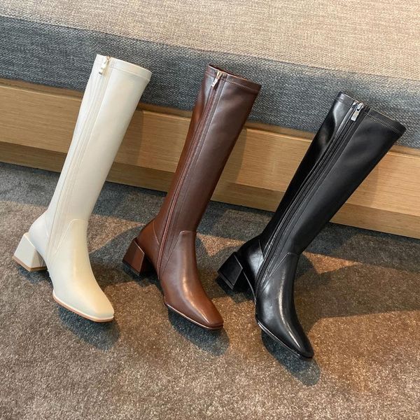 

boots autumn and winter stretch shoes for women cowhide high heels square toe zipper knee-high knight leather, Black