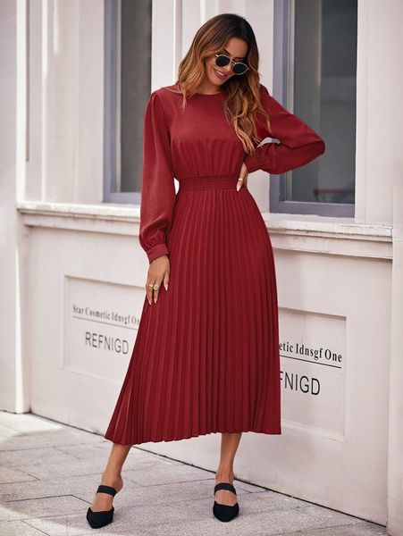 

shirred waist lantern sleeve pleated hem dress she, Black;gray