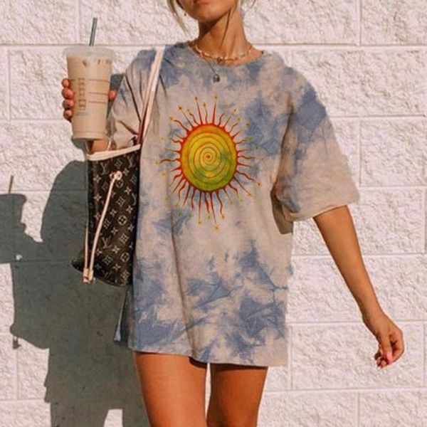 

women's t-shirt oversized t shirt for women loose tie-dye print comfortable short-sleeved casual o neck summer tee femme, White