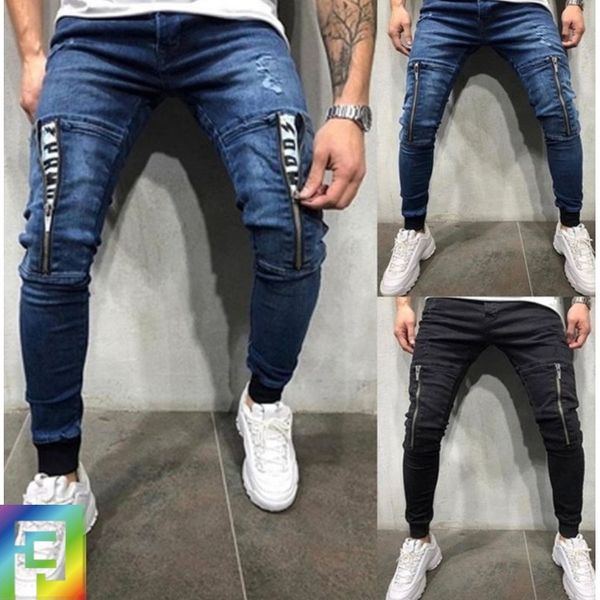 

2020 men's zipper splicing leisure sports pants washed jeans, Blue