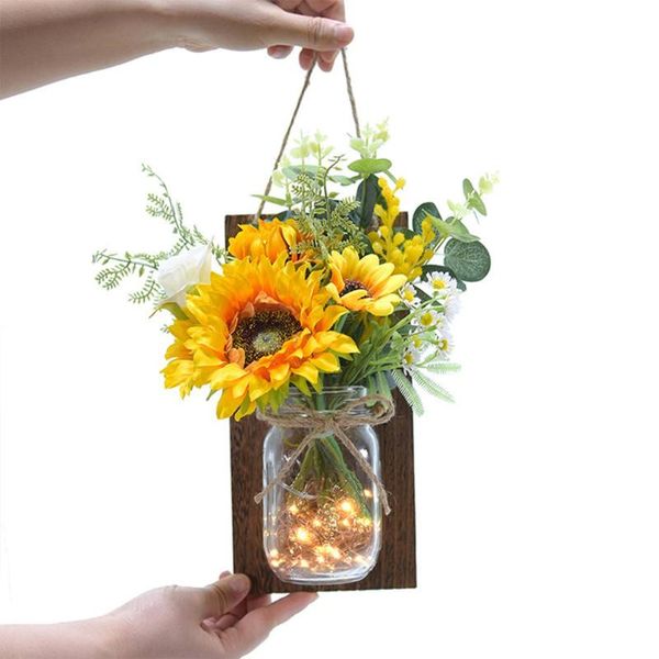 Lâmpada de parede Rústica Mason Jar Decorativo Simulação Flor de Girassol Levou conto de Feira de Casa de Casa com Controle Remoto