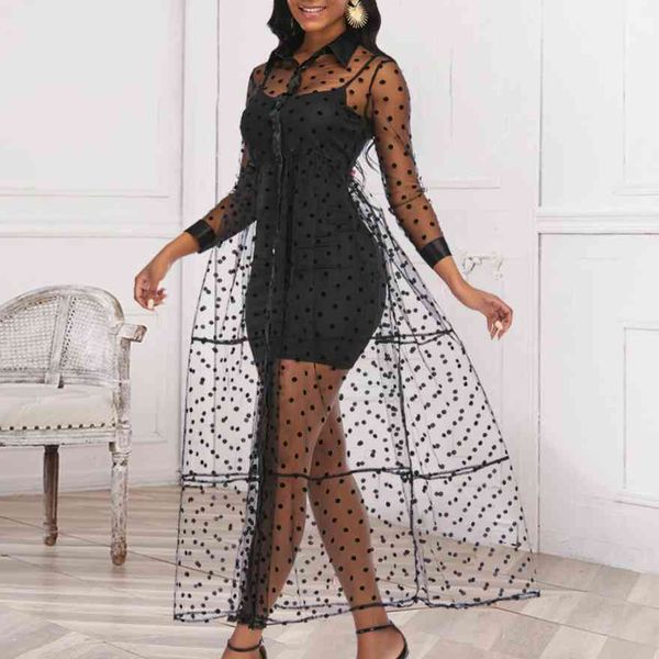 Delle donne camicia da donna vestito nero nero trasparente tulle pois vede attraverso attraverso africano sexy moda primavera primavera femmina tunica plus size XL 210416