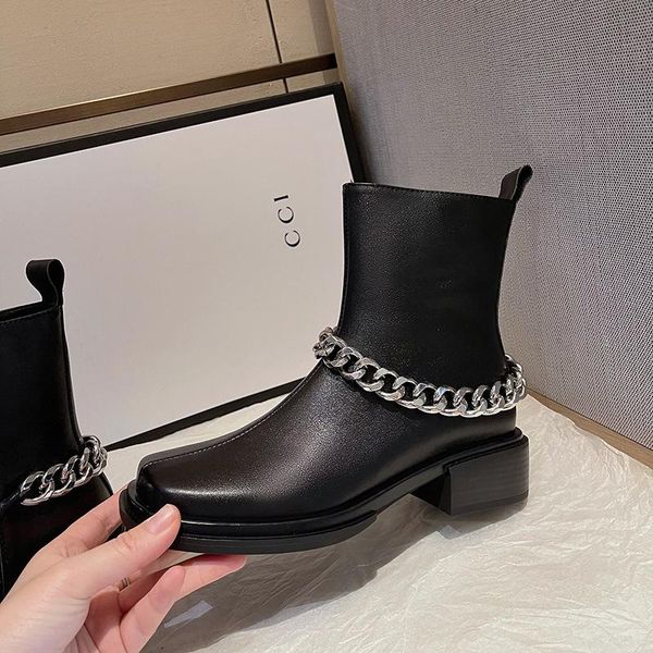 

boots genuine leather gothic black women heel chain square head platform female punk style ankle zipper