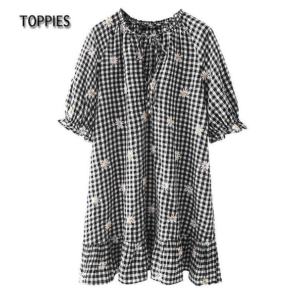

ies casual tunic dress woman vintage flower embroidered mini dress plaid ruffles hem 210412, Black;gray