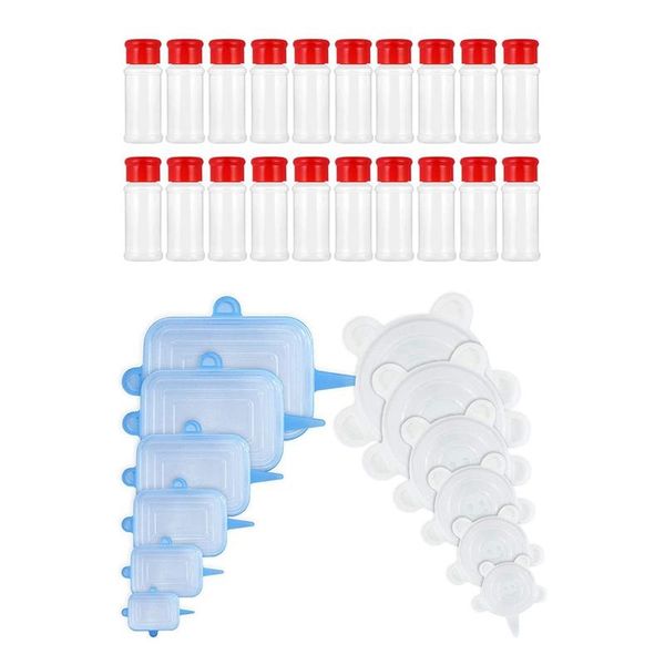 

kitchen storage & organization 20pcs spice salt pepper shakers seasoning powder bottle jar 12x round + rectangle,silicone stretch lids