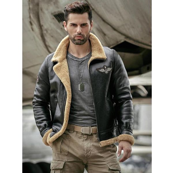 

men's leather & faux 2021 mens black b3 shearling jacket thicken sheepskin coat winter fur motorcycle
