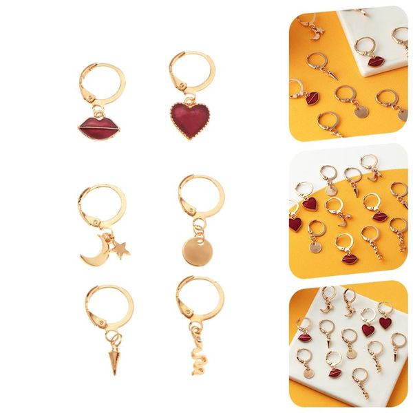 

hoop & huggie 6 pairs fashion heart lip ear studs star moon earring jewelry gifts, Golden;silver