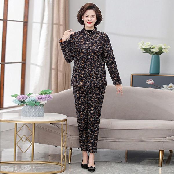 

women's two piece pants 2022 autumn winter woman print warm button sets female thick long sleeve clothes ladies fashion loose two-piece, White
