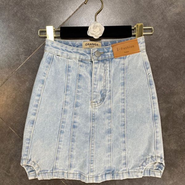 

spring summer fashion casual pu letter label splicing routing side split package hip style denim skirt women sj993 210525, Black
