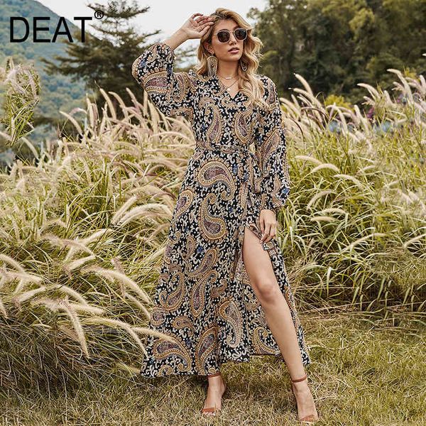 

summer leopard printed v-neck high waist knee-length long sleeve split fork temperament printing dress women 210421, Black;gray