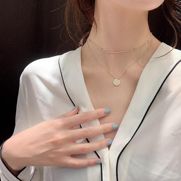 

chains 925 sterling silver double layer round disc necklace gold bead chain charm for women