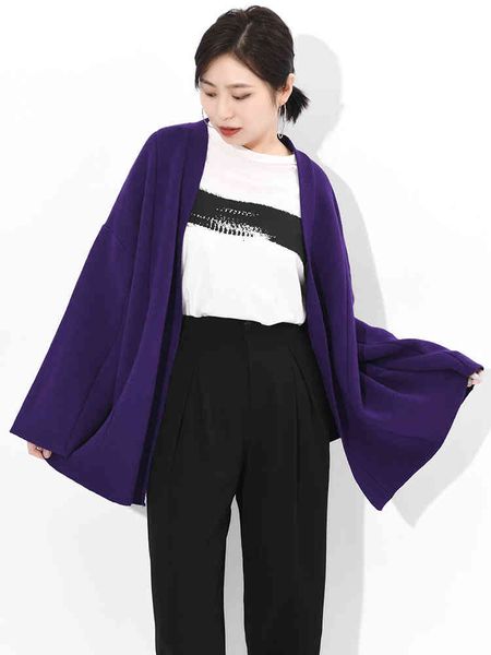 

women's blouses & shirts [eam] big size purple knitting cardigan sweater loose fit v-neck long sleeve women fashion autumn winter 2022, White