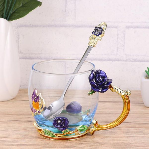 

cups & saucers rose color enamel water glass flower tea cup coffee mug with handle and spoon (blue)