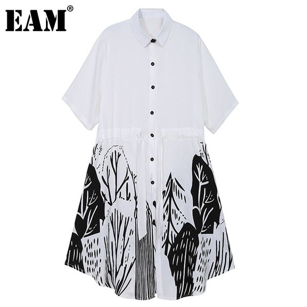 

[eam] women white big size print sashes ruffles dress lapel short sleeve loose fit fashion spring summer 1dd7143 210512, Black;gray